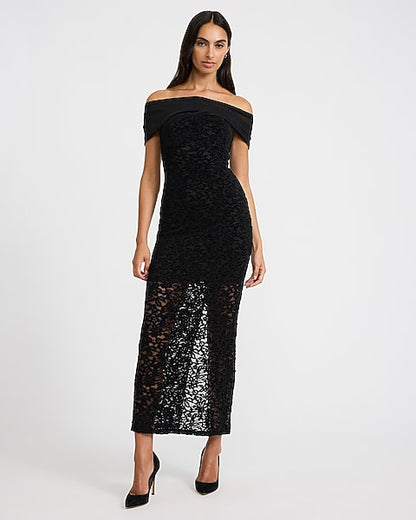 Lace Off The Shoulder Sheer Hem V-Back Maxi Dress - Pitch Black