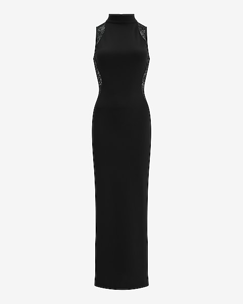 Lace Pieced Mock Neck Maxi Sheath Dress - Pitch Black