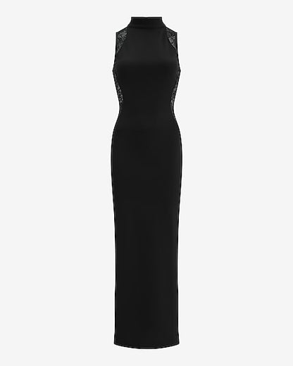 Lace Pieced Mock Neck Maxi Sheath Dress - Pitch Black