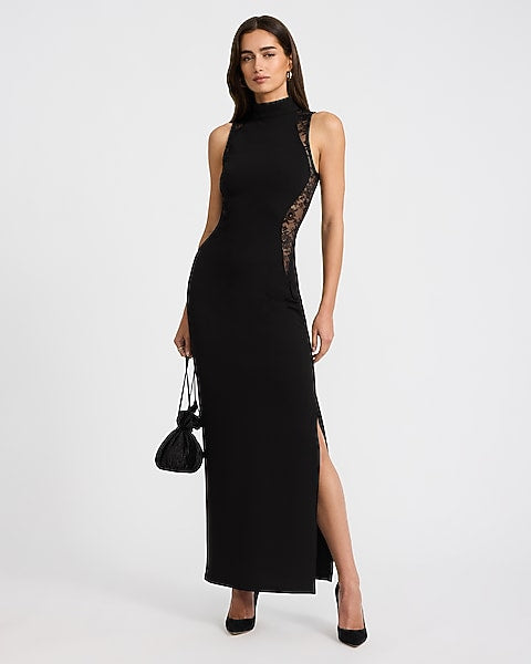 Lace Pieced Mock Neck Maxi Sheath Dress - Pitch Black