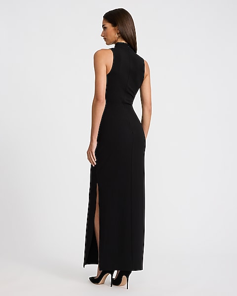 Lace Pieced Mock Neck Maxi Sheath Dress - Pitch Black
