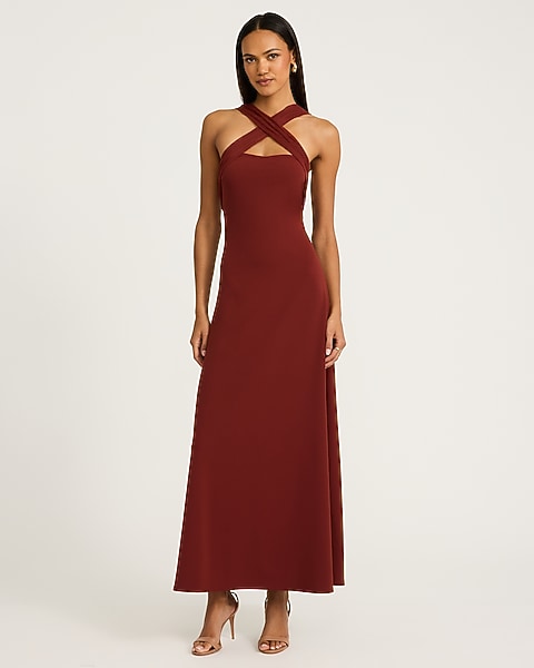 Mixed Media Crossover Halter Maxi Dress