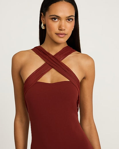 Mixed Media Crossover Halter Maxi Dress