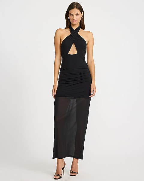 Mesh Halter Twist Keyhole Sheer Hem Maxi Sheath Dress