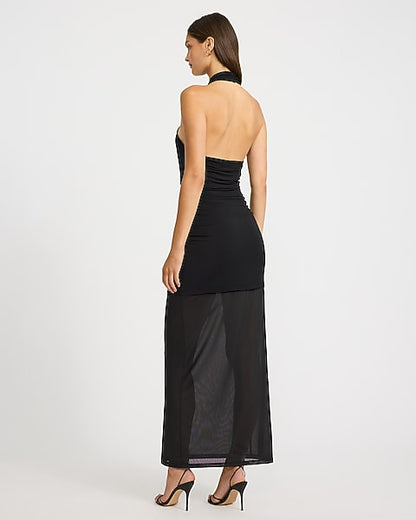Mesh Halter Twist Keyhole Sheer Hem Maxi Sheath Dress