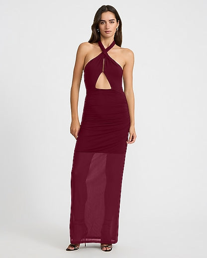 Mesh Halter Twist Keyhole Sheer Hem Maxi Sheath Dress