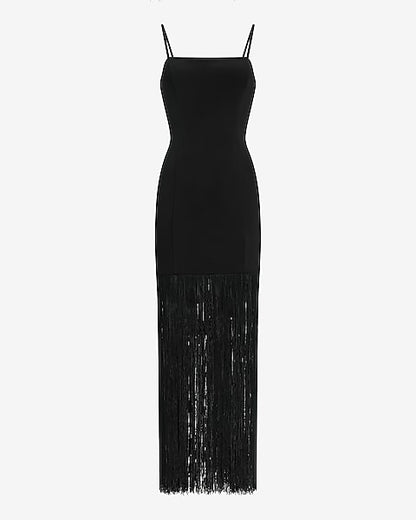 Square Neck Fringe Maxi Sheath Dress - Pitch Black