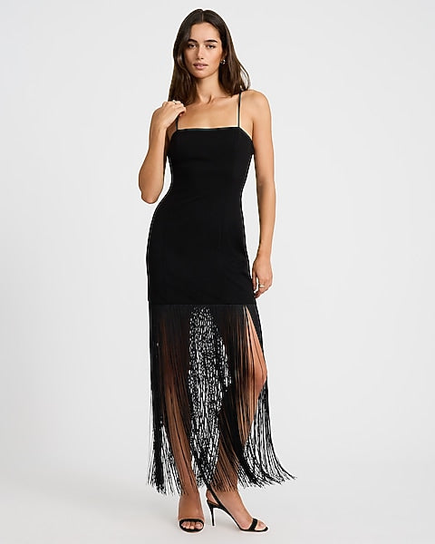 Square Neck Fringe Maxi Sheath Dress - Pitch Black