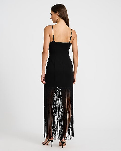Square Neck Fringe Maxi Sheath Dress - Pitch Black