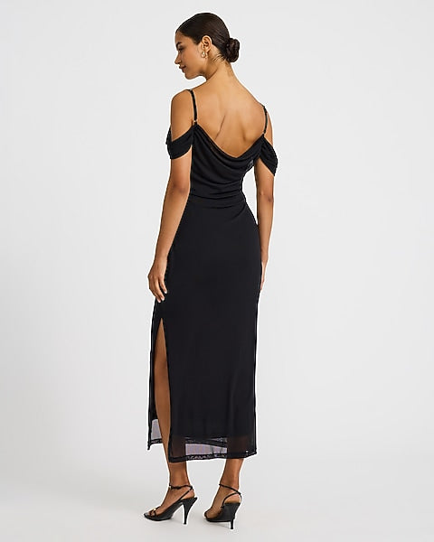 Mesh Cowl Neck Off The Shoulder Draped Maxi Dress