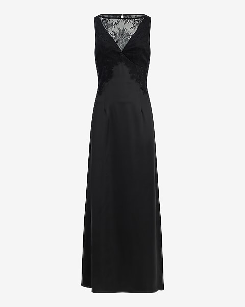 Satin Lace Pieced Crew Neck Maxi Slip Dress - Pitch Black