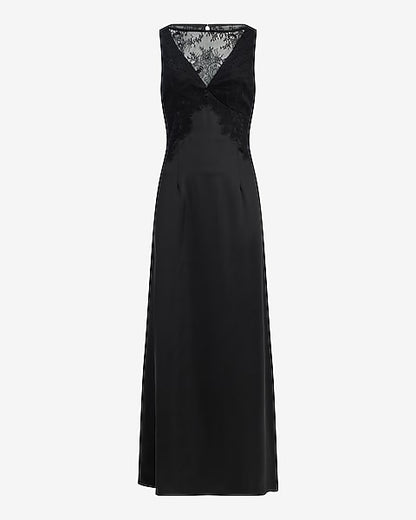 Satin Lace Pieced Crew Neck Maxi Slip Dress - Pitch Black