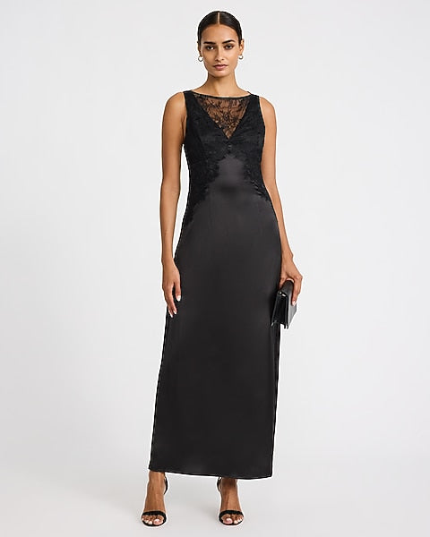 Satin Lace Pieced Crew Neck Maxi Slip Dress - Pitch Black
