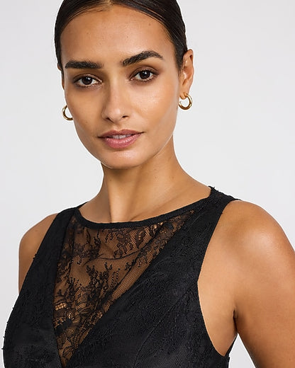 Satin Lace Pieced Crew Neck Maxi Slip Dress - Pitch Black