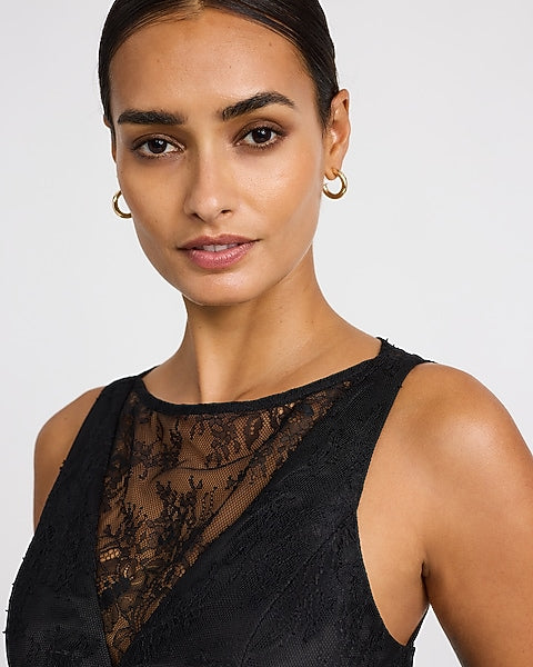 Satin Lace Pieced Crew Neck Maxi Slip Dress - Pitch Black