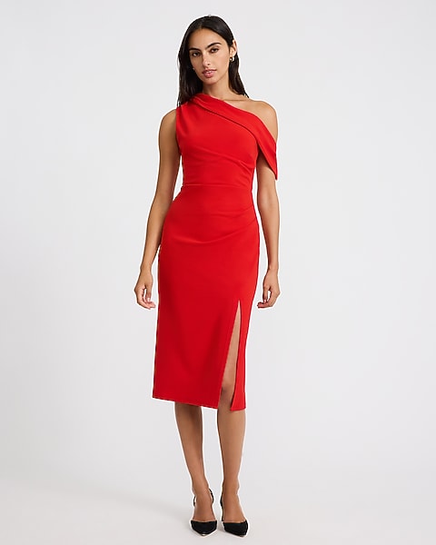 One Shoulder Draped Side Slit Midi Sheath Dress