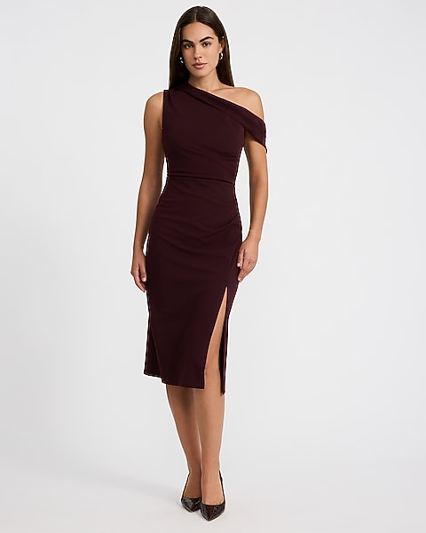 One Shoulder Draped Side Slit Midi Sheath Dress