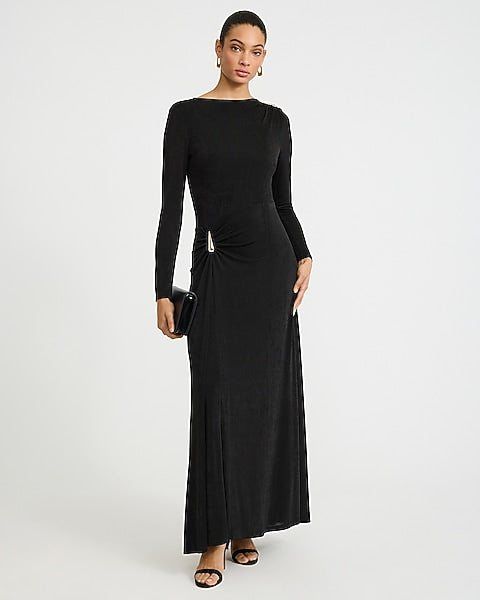 Boat Neck Long Sleeve Side Hardware Ruched Maxi Dress