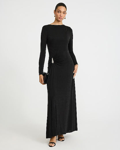 Boat Neck Long Sleeve Side Hardware Ruched Maxi Dress