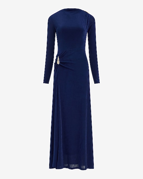 Boat Neck Long Sleeve Side Hardware Ruched Maxi Dress