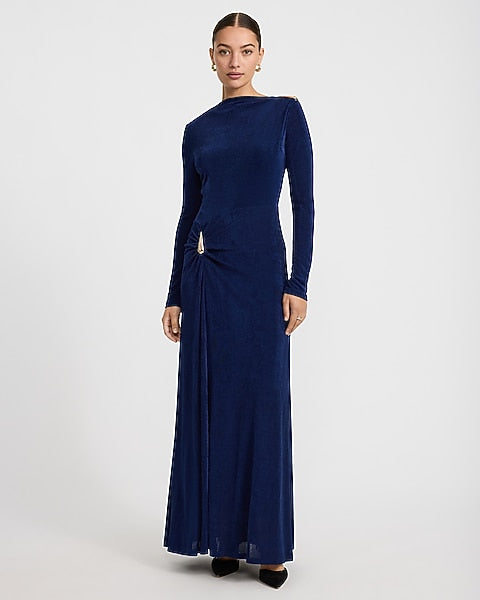 Boat Neck Long Sleeve Side Hardware Ruched Maxi Dress