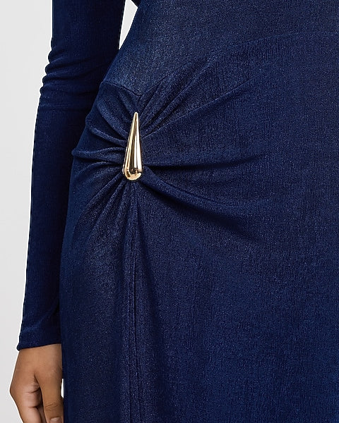 Boat Neck Long Sleeve Side Hardware Ruched Maxi Dress