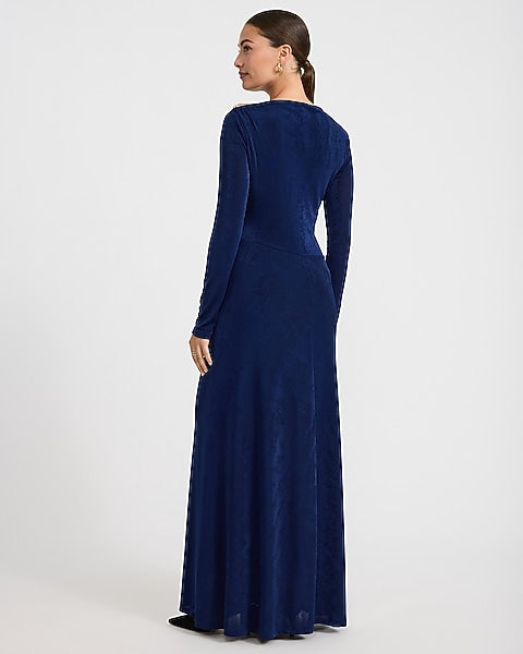 Boat Neck Long Sleeve Side Hardware Ruched Maxi Dress