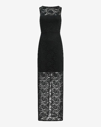 Lace Crew Neck Sleeveless Sheer Hem Maxi Dress - Pitch Black
