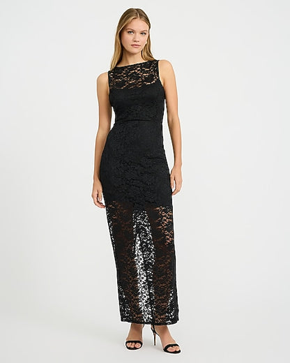 Lace Crew Neck Sleeveless Sheer Hem Maxi Dress - Pitch Black
