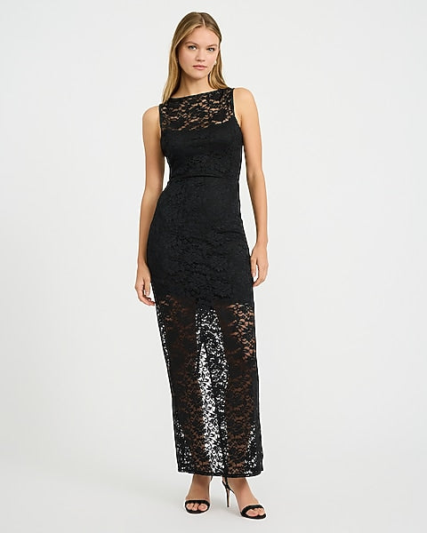 Lace Crew Neck Sleeveless Sheer Hem Maxi Dress - Pitch Black