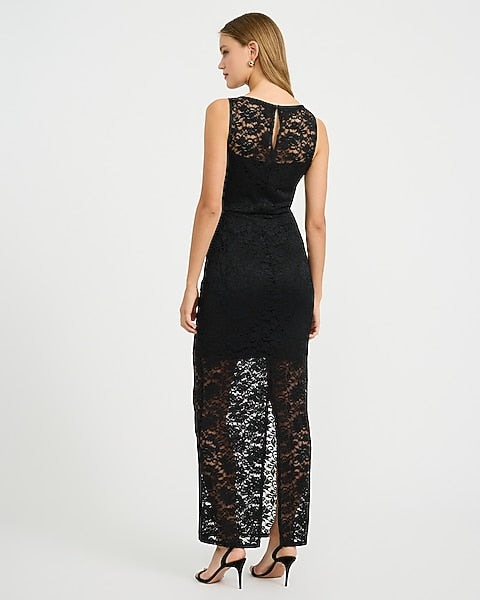 Lace Crew Neck Sleeveless Sheer Hem Maxi Dress - Pitch Black