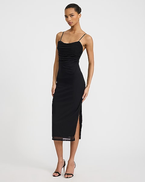 Mesh Sleeveless Peekaboo Bra Ruched Midi Dress