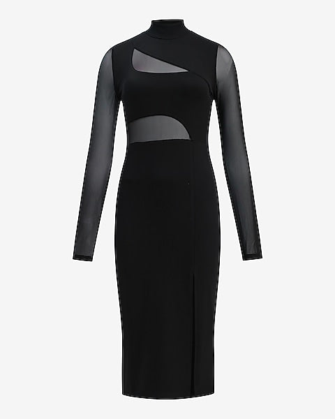 Mesh Pieced Mock Neck Front Slit Midi Dress - Pitch Black