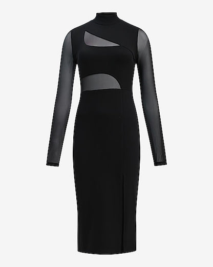Mesh Pieced Mock Neck Front Slit Midi Dress - Pitch Black