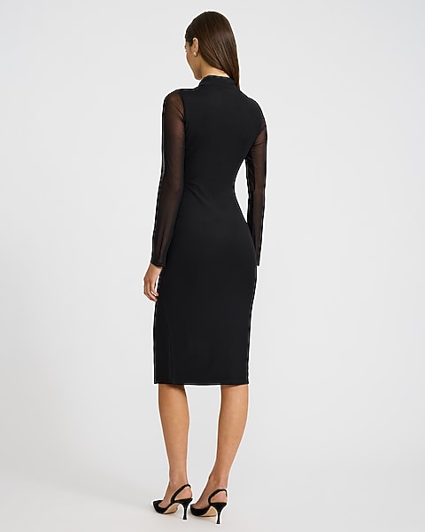 Mesh Pieced Mock Neck Front Slit Midi Dress - Pitch Black