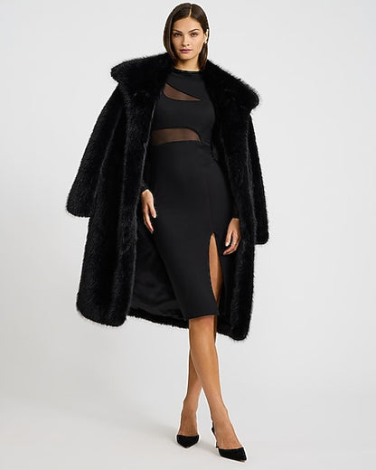 Mesh Pieced Mock Neck Front Slit Midi Dress - Pitch Black
