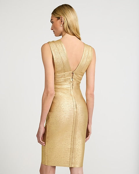 Express x bebe | Metallic V-Neck Keyhole Bandage Midi Dress - Honey Gold