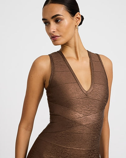 Express x bebe | Metallic V-Neck Sleeveless Bandage Midi Dress - BRONZE SHIMMER