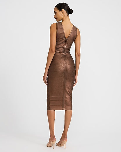 Express x bebe | Metallic V-Neck Sleeveless Bandage Midi Dress - BRONZE SHIMMER