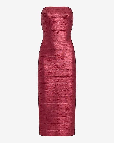 Express x bebe | Metallic Strapless Bandage Maxi Dress - Maroon