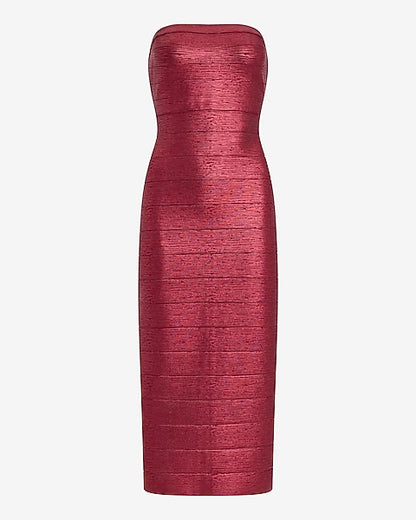 Express x bebe | Metallic Strapless Bandage Maxi Dress - Maroon