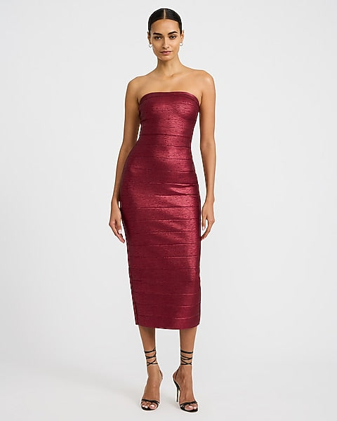 Express x bebe | Metallic Strapless Bandage Maxi Dress - Maroon