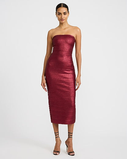 Express x bebe | Metallic Strapless Bandage Maxi Dress - Maroon