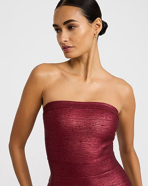 Express x bebe | Metallic Strapless Bandage Maxi Dress - Maroon