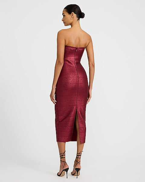 Express x bebe | Metallic Strapless Bandage Maxi Dress - Maroon