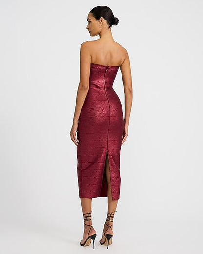 Express x bebe | Metallic Strapless Bandage Maxi Dress - Maroon