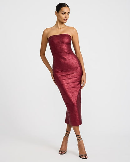 Express x bebe | Metallic Strapless Bandage Maxi Dress - Maroon