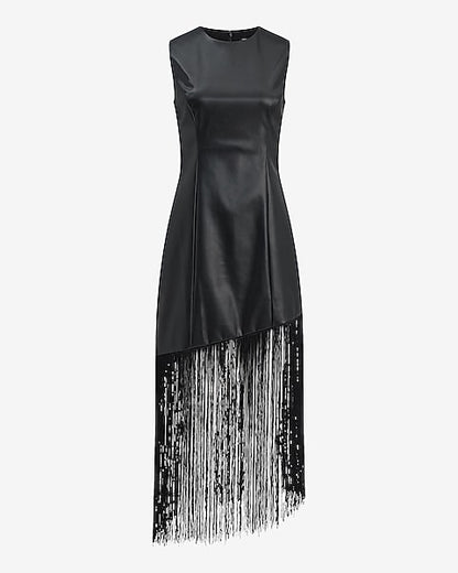 Faux Leather Asymmetrical Fringe Hem Midi Dress - Pitch Black
