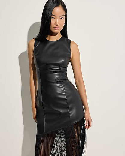 Faux Leather Asymmetrical Fringe Hem Midi Dress - Pitch Black