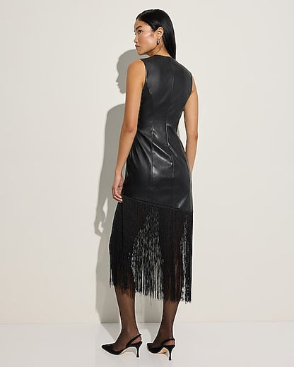 Faux Leather Asymmetrical Fringe Hem Midi Dress - Pitch Black